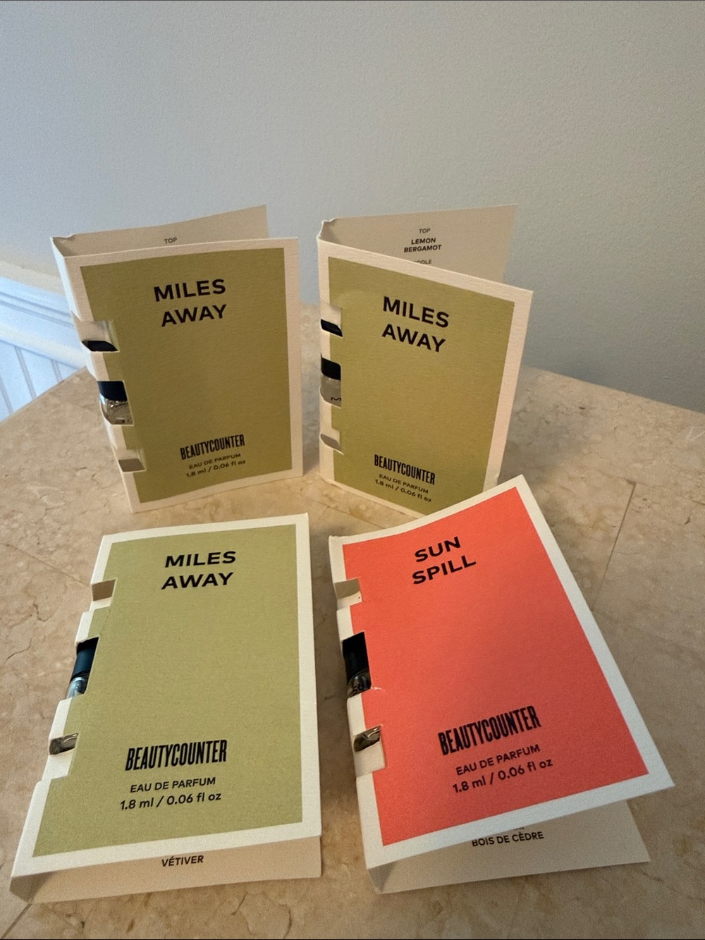 Beautycounter Miles Away & Sun Spill Sample Cards -